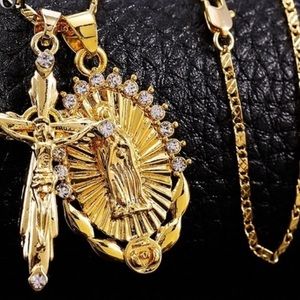 Gold Virgin Mary Necklace + Cross Necklace INRI.